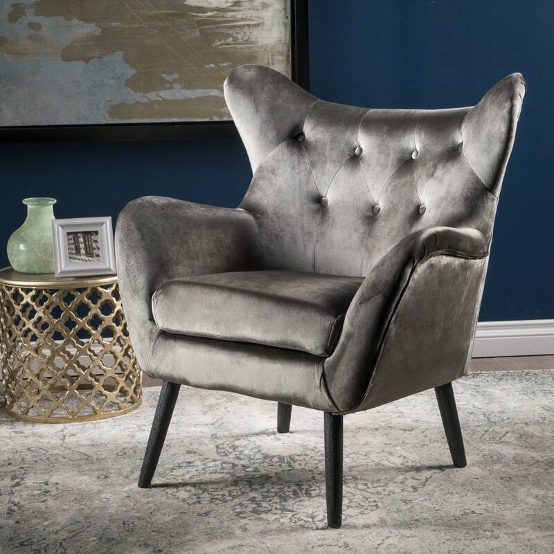 Grey Modern 34.25" Velvet Upholstered Button Tufted Arm Chair with Oak Wood Frame and Semi-Soft Seat