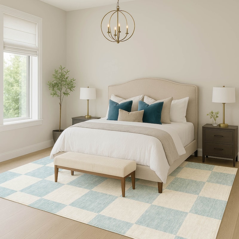 Machine Washable Indoor/ Outdoor Modern Checker Chantille Rug