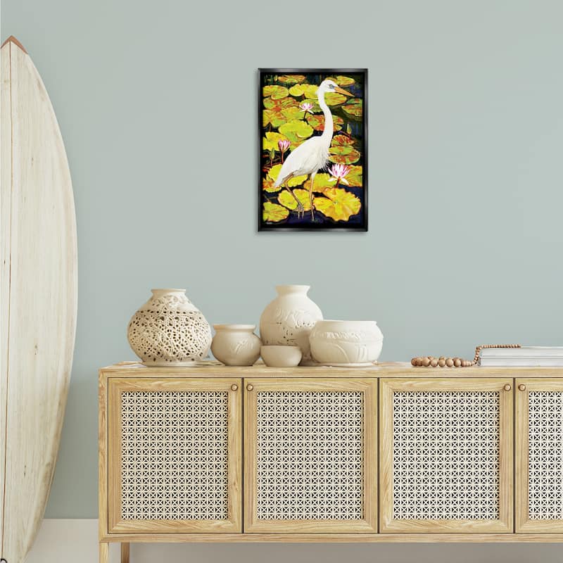 Stupell Stepping Bird on Lily Pads Framed Floater Canvas Wall Art Design By Rosiland Solomon