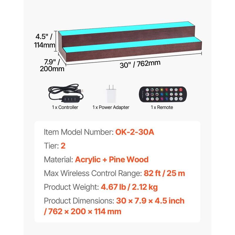 Multi-Color Acrylic and Pine Wood 2-Tier Wine Display Shelf with LED Lighting and Remote Control