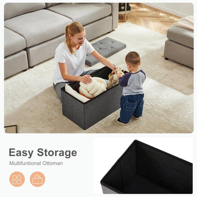 Multi-Functional Storage Ottoman Bench, Plush Linen Fabric, Foldable Design