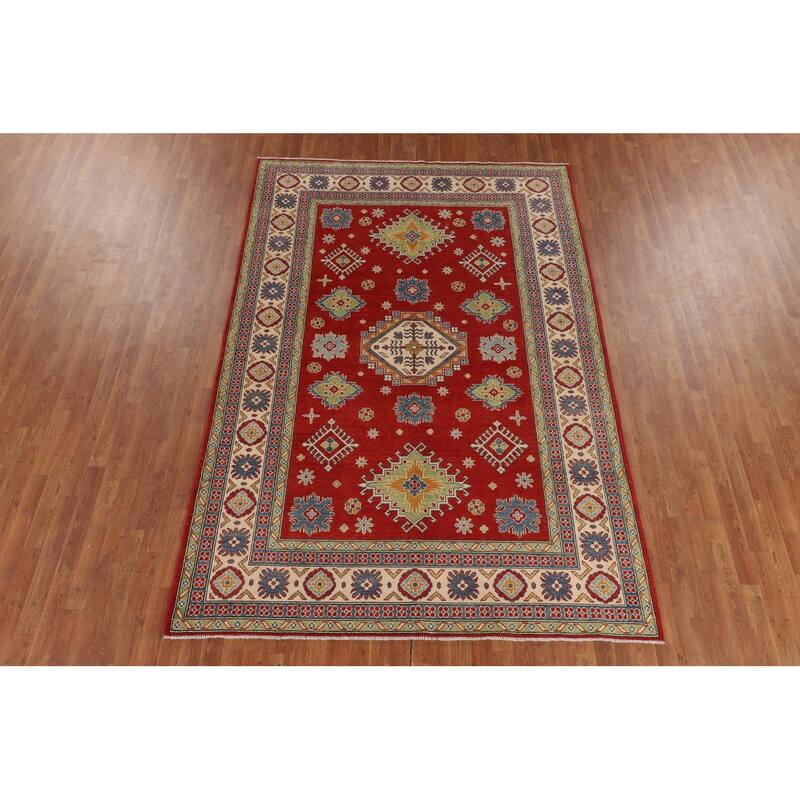 Geometric Red Kazak Oriental Area Rug Handmade Wool Carpet - 6'8" x 9'9"