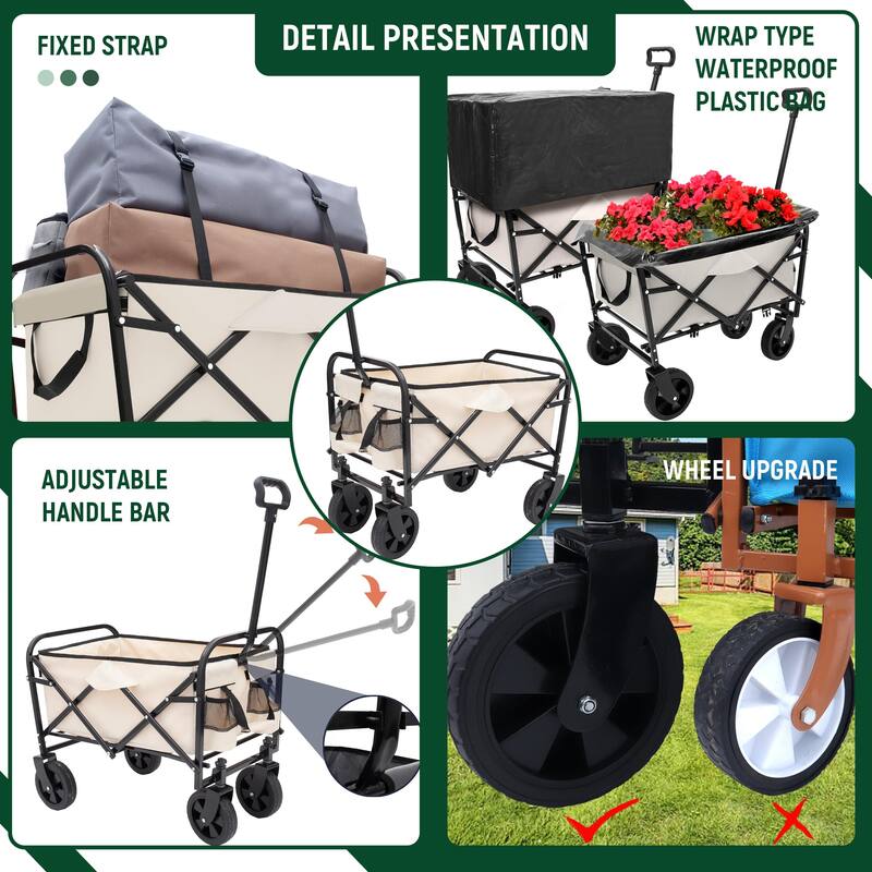 Collapsible Foldable Wagon Cart Beach Wagon Heavy Duty Utility Cart with 3pcs plastic Liner bag /Cover for Camping
