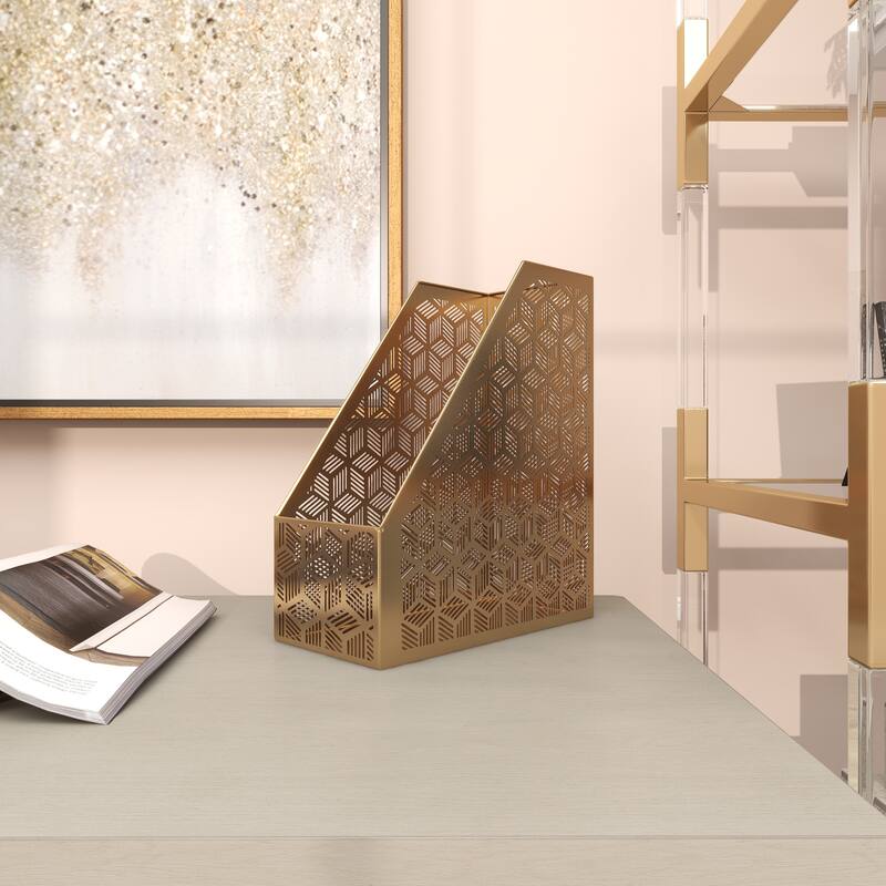Gold Metal Single Slot Geometric Magazine Holder with Laser Carved Design