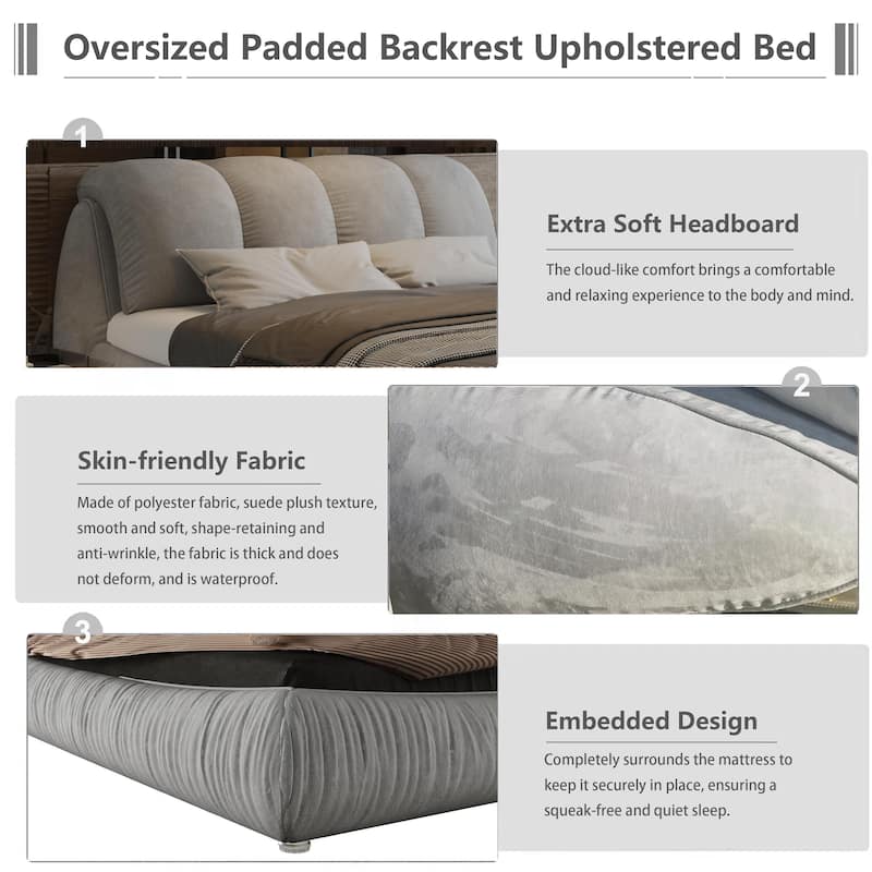 King Size Upholstered Bed Frame with Extra-Wide Cushioned Headboard, Solid Pine Slats & Adjustable Mattress Height