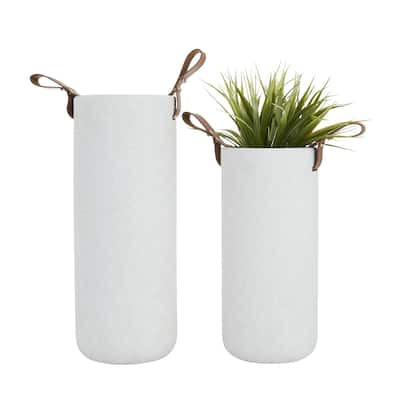 Ceramic Decorative Vase with Leather Handles - Set of 2 White - CosmoLiving by Cosmopolitan
