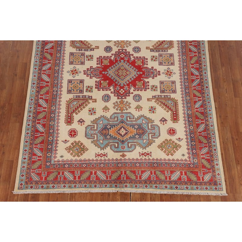 Ivory Kazak Area Rug Handmade Wool Carpet - 5'9" x 7'8"
