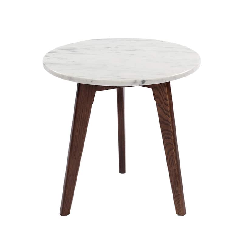 Round Marble Table - 15 Inch White Carrara Stone Top, Walnut Wood Legs, Modern Accent Table - 20
