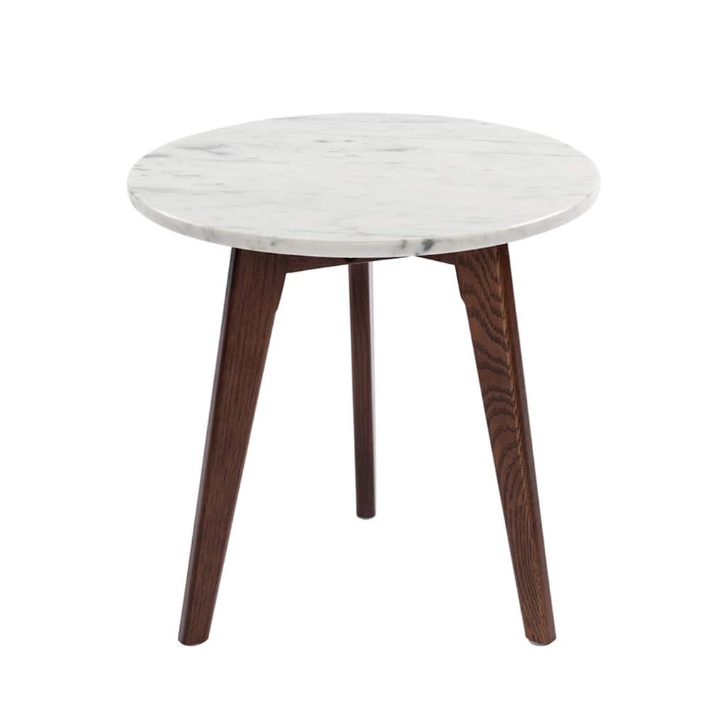 Round Marble Table - 15 Inch White Carrara Stone Top, Walnut Wood Legs, Modern Accent Table - 20