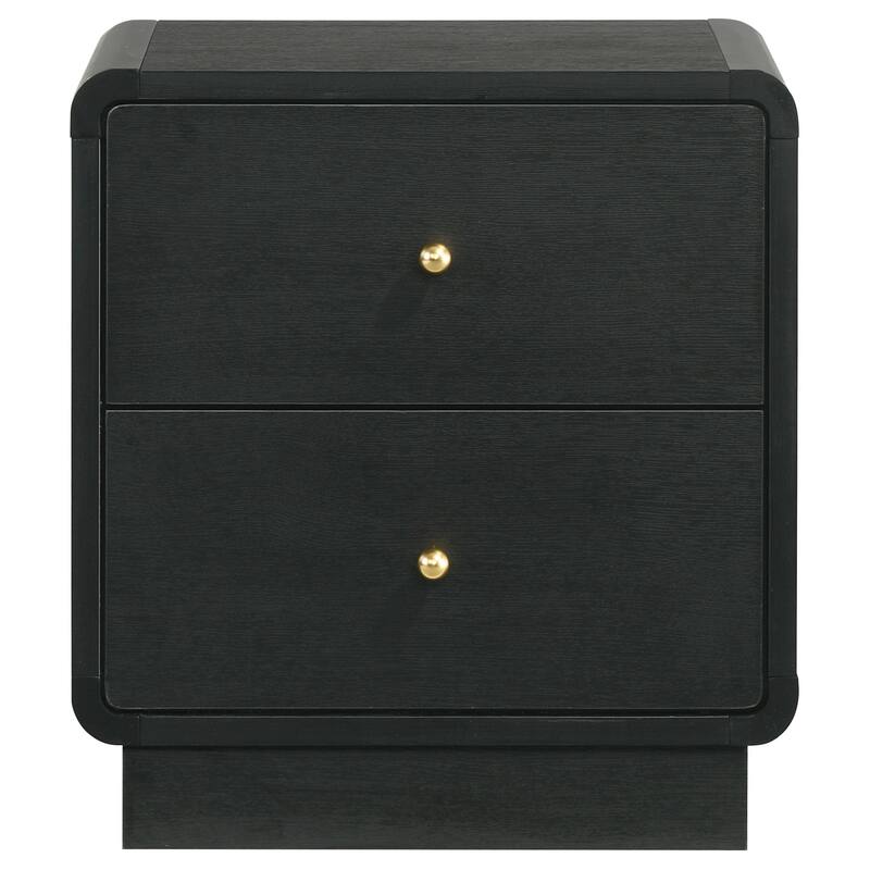 Cavy Nightstand, 2 Storage Drawers, Black Wood, Round Gold Knobs