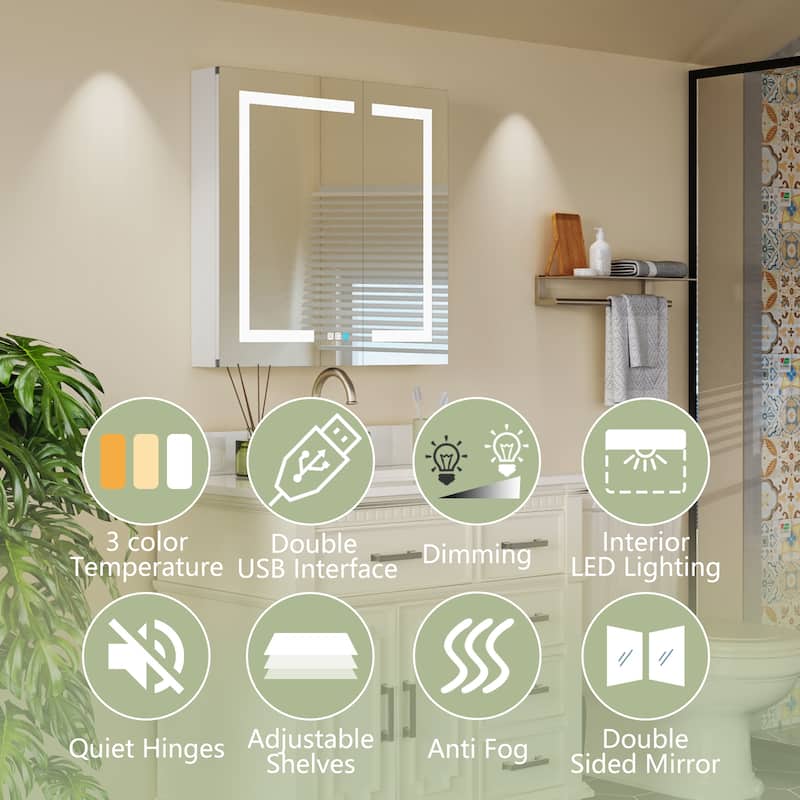 30'' x 30'' LED Lighted Bathroom Medicine Cabinet with Mirror,Recessed or Surface Mount,Defog, Stepless Dimming - 30'' x 30''