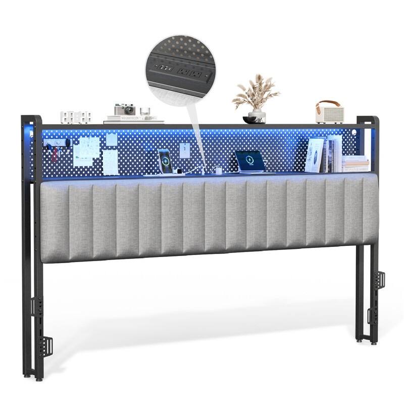 Adjustable Upholstered Headboard with 2 Tier Shelves with Charging Stations and LED Lights, Modern Bed Headboard with Storage - Linen and dark gray - King