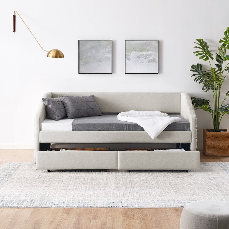 Queen Size Daybed with Two Drawers Trundle Upholstered Tufted Sofa Bed, Linen Fabric