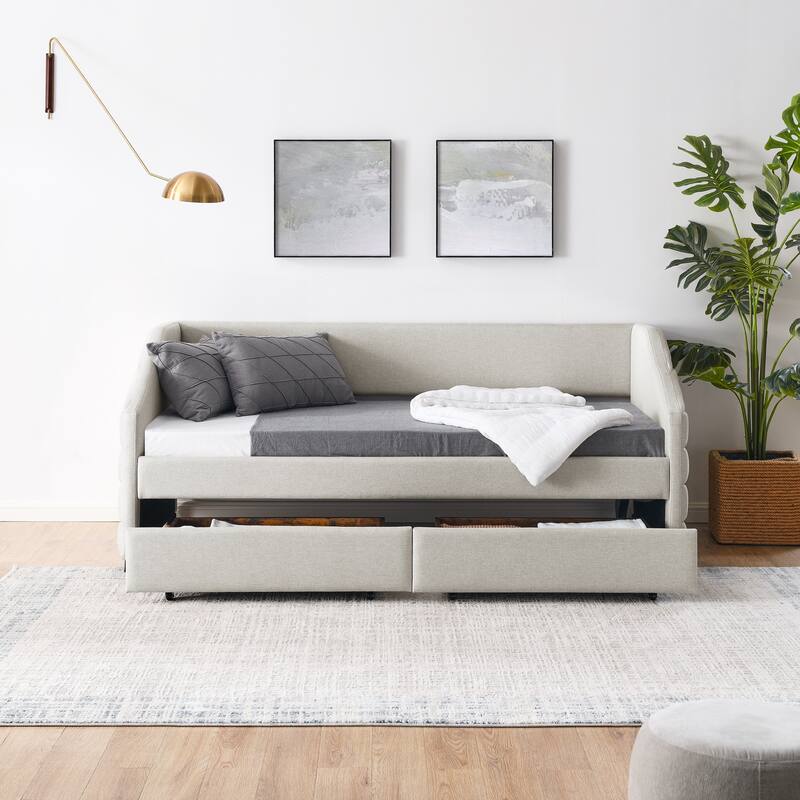 Twin/Full/Queen Size Upholstered Daybed with 2 Drawers, Linen Fabric Upholstered Sofa Bed, Wheeled Storage Daybed w/ Wood Frame