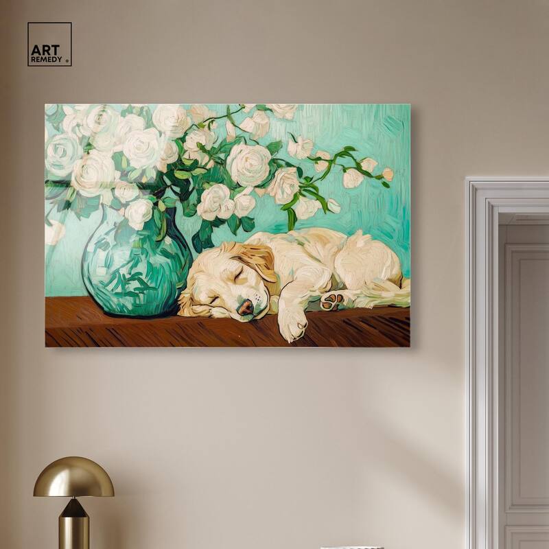 Rose Vase Puppy Acrylic by Art Remedy, Ready to Hang