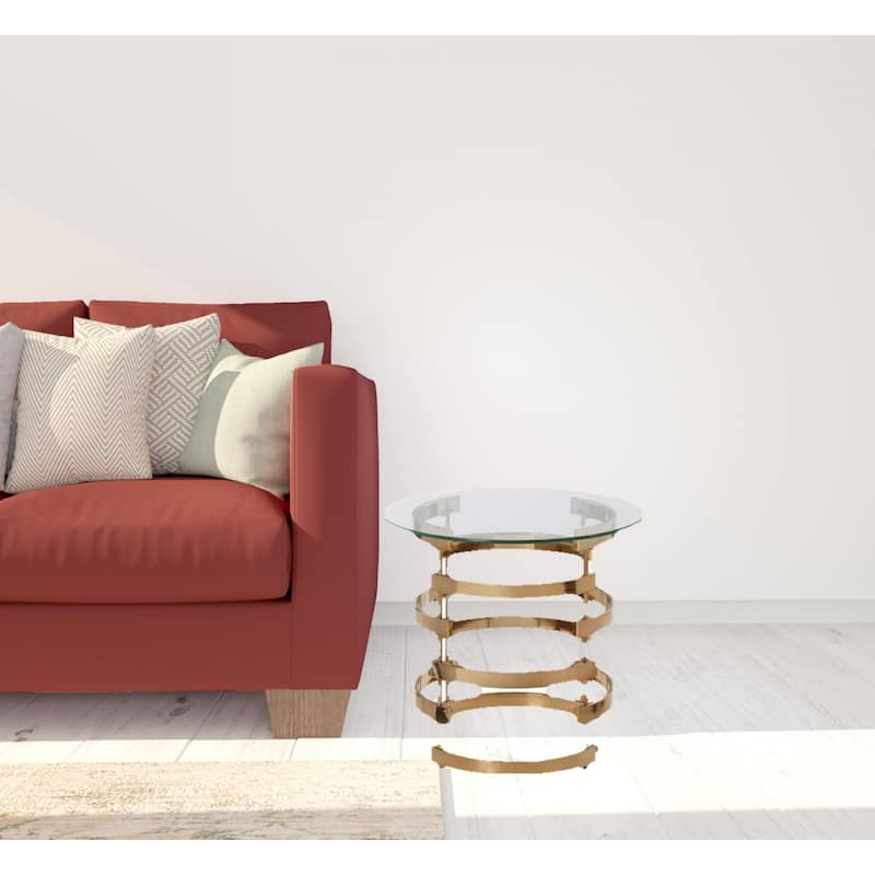 21" Contemporary Round End Table with Glass Top and Gold Iron Base for Living Room or Bedroom - 21.25" H x 23.25" W x 23.25" D