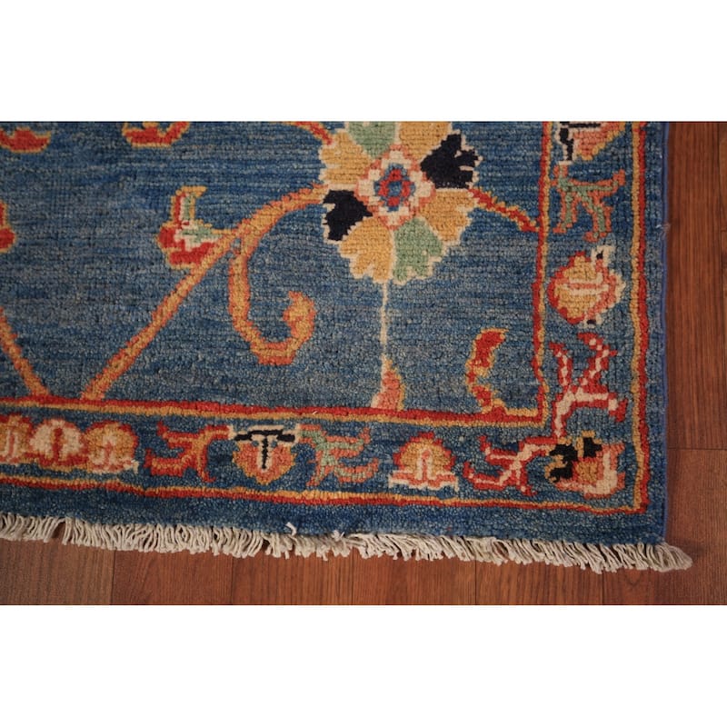 Blue Floral Ziegler Vegetable Dye Runner Rug Hand-Knotted Wool Carpet - 2'8" x 12'3"