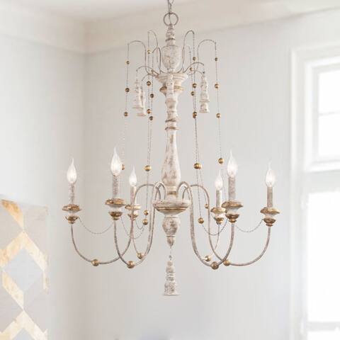 French Country 6-Light White Wood Farmhouse Chandelier for Dining Room - 29"W x 37.5"H