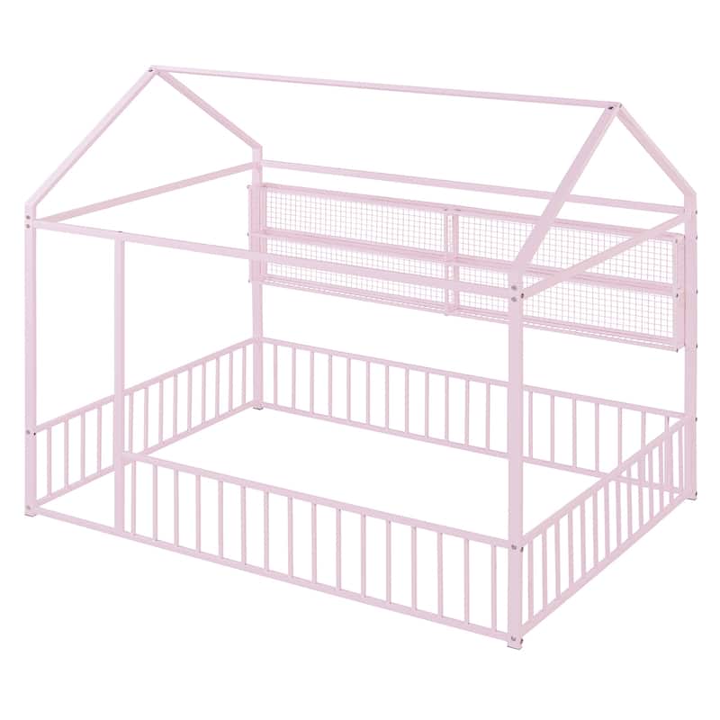 Full Metal House Bed Frame with Storage Shelves & Fence