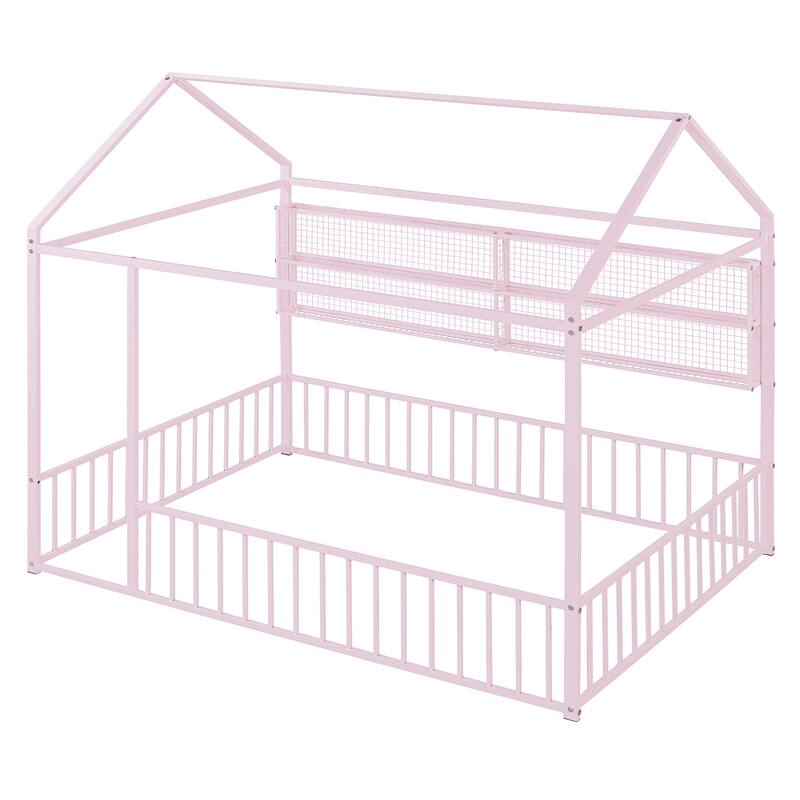 Full Size Metal House Bed Frame with Built-In Grid Shelves, Playful Canopy Design and Space-Saving Storage