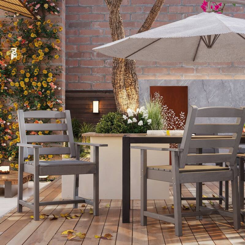 Set of 2 Outdoor Dining Chairs with Armrests, HDPE All Weather Patio Chairs, Waterproof UV Resistant Wood Grain Armchai - Grey(w/armrest)
