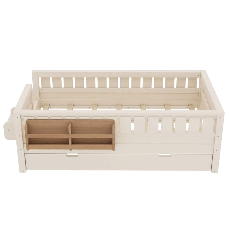 Full/Twin Size Wood Bed with Built-in Bookshelves and Storage Staircase, Safety Rails and Trundle Bed