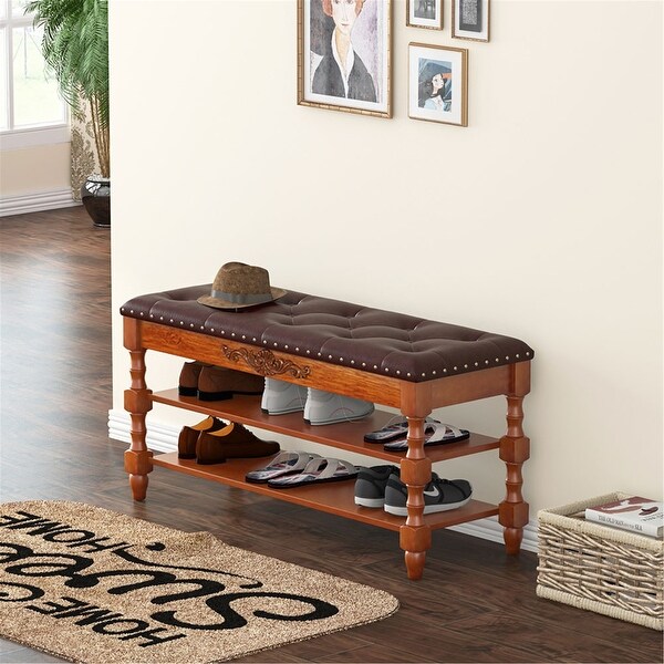 Bench Shoe Storage Organizer Entryway Wood Seat Solid Shelf Hallway Walnut New 