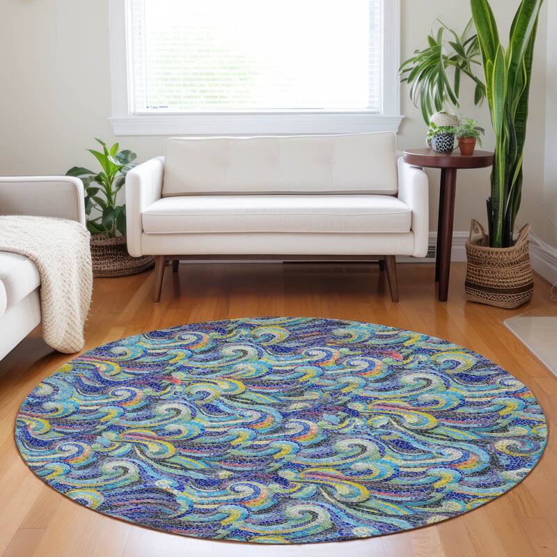 Premium Washable Super Soft Contemporary Mosaic Wave Mayfield Rug - Ocean - 8' x 8' - Round