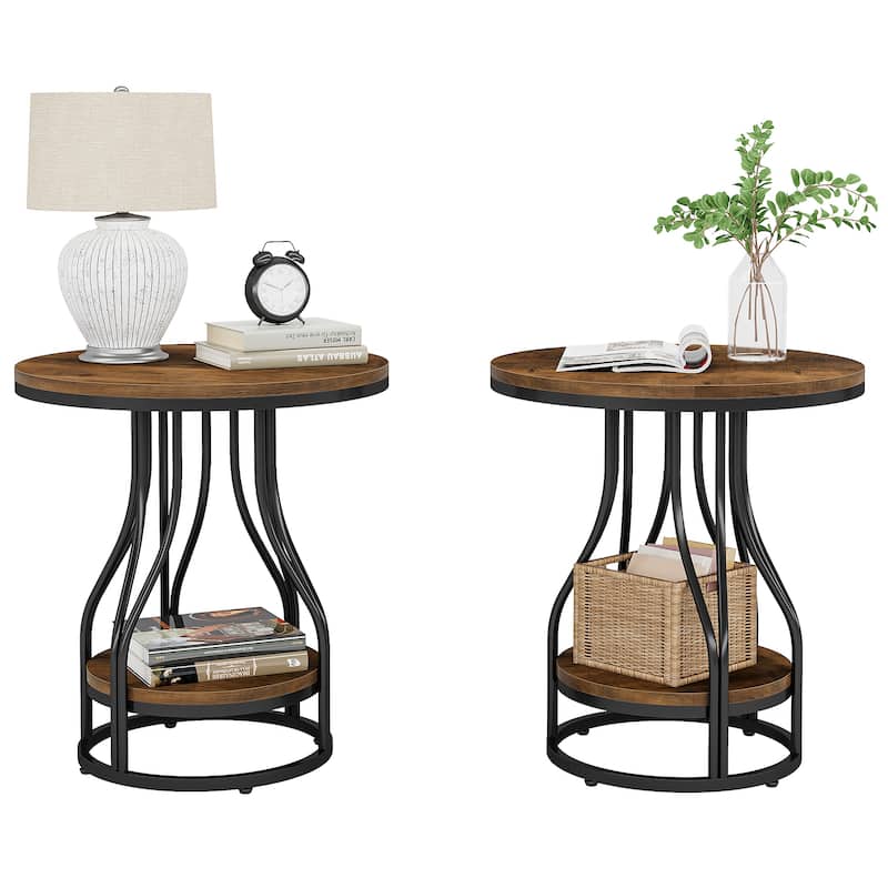 Round End Table, 2-Tier Side Tables, Modern Bedside Table, Small Chirside Tables for Couch Side
