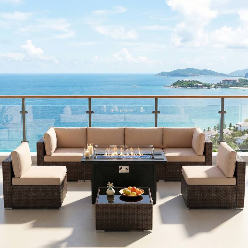 Outdoor Wicker Sectional Sofa 8-Piece Set with Fire Pit Table - Brown/Beige
