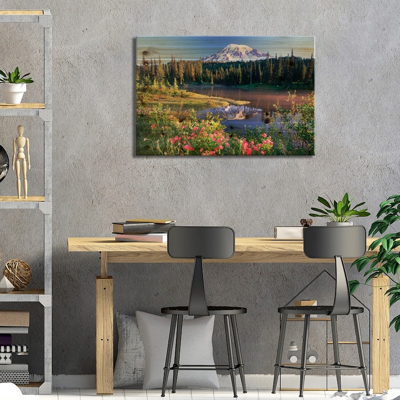 Mt Rainier And Wildflowers At Reflection Lake, Mt Rainier National Park, Washington Print On Wood by Tim Fitzharris
