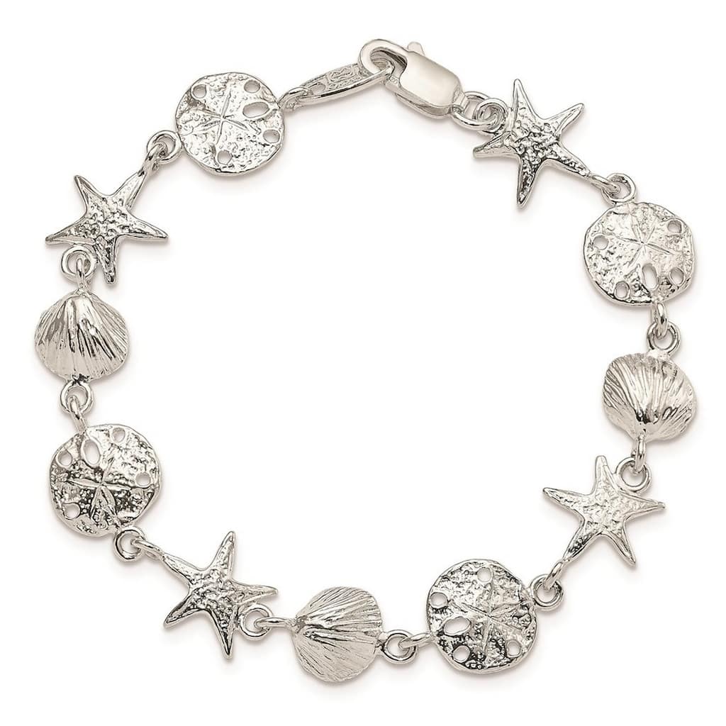 Curata 925 Sterling Silver 7" 14mm Seashell, Starfish & Sand Dollar Summer Bracelet - White