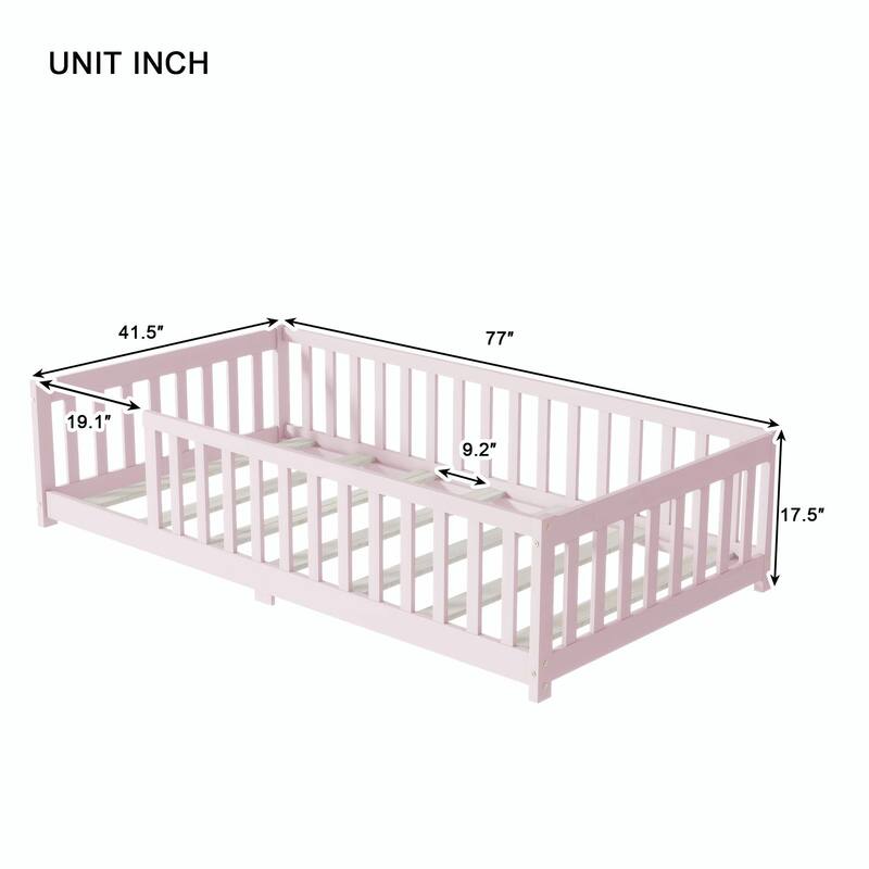 Twin Size Floor Bed with Fence without Door, Rubber Wood Floor Bed with Safety Guardrails