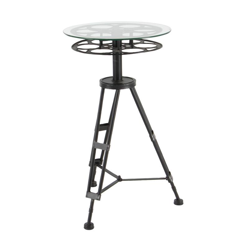 Black Metal Film Reel Accent Table with Tripod Legs and Glass Top