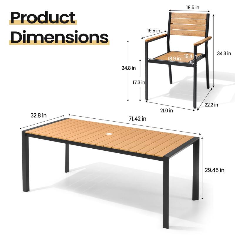 Set of 7 Outdoor Patio Dining Set WoodLike Table Top Aluminum Rectangular Umbrella Hole Table with Stackable Dining Chairs