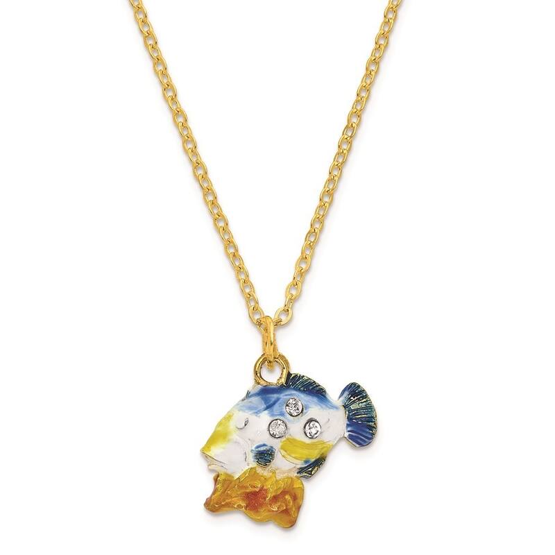 Curata Pewter Bejeweled Crystals Gold-Tone Enameled Trigger Humu Humu Fish Trinket Box on 18 Inch Necklace