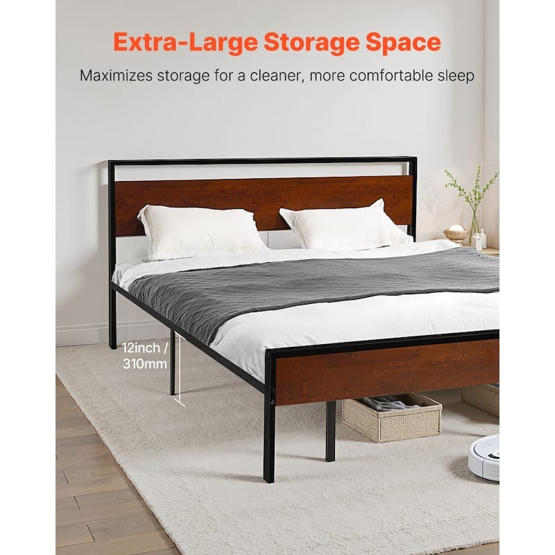 King Size Platform Bed Frame with Steel Frame and Vintage Brown Headboard Under Bed Storage