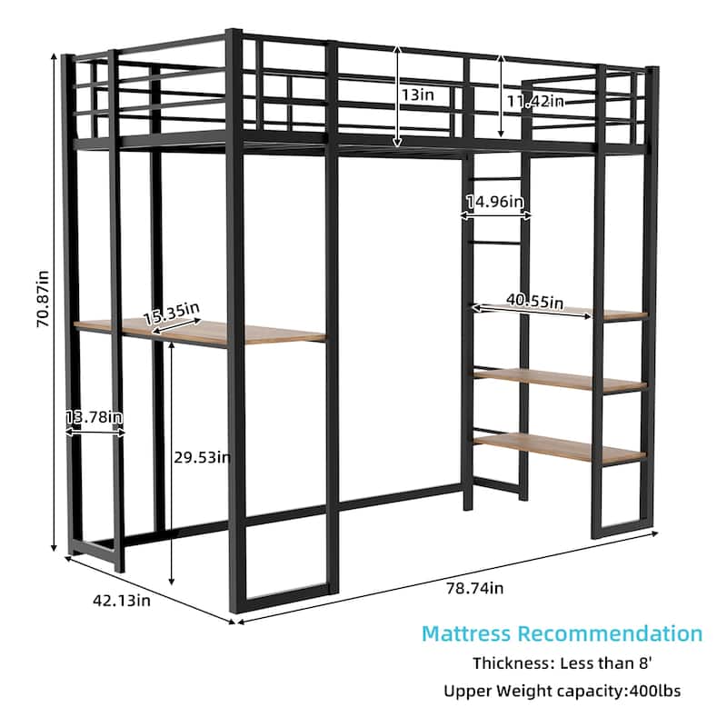 Iron frame bed with bed and table, children's and youth home bed with L-shaped desk, iron frame bed with railing and stairs