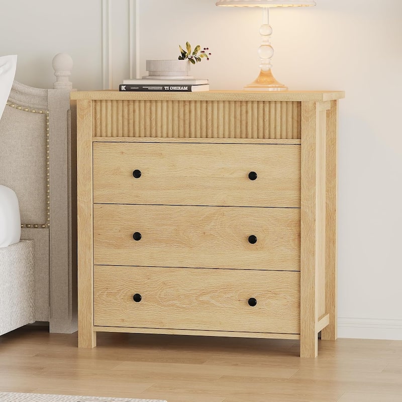 Modern Fluted 3 Drawer Dresser, Nightstand for Bedroom, Living Room, Hallway - Natural