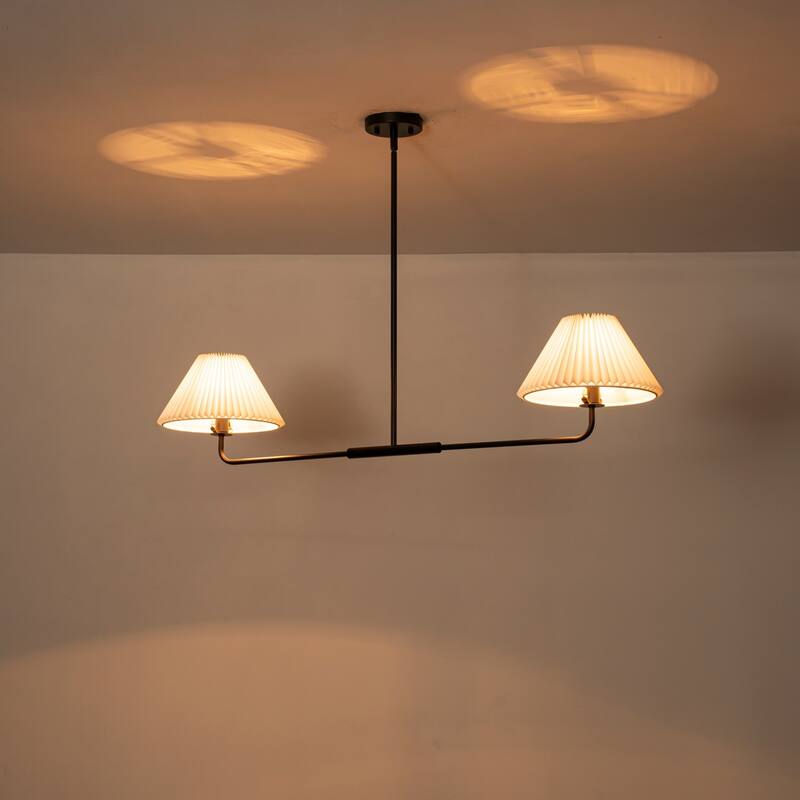 2-Light Modern Gold & Black Linear Pleated Fabric Pendant Kitchen Island Light