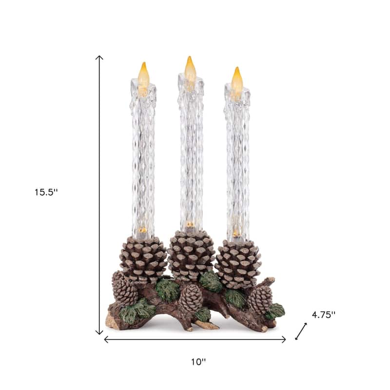 Set of Three Clear Flameless Taper Candles In Brown And Green Resin Pinecone Holder