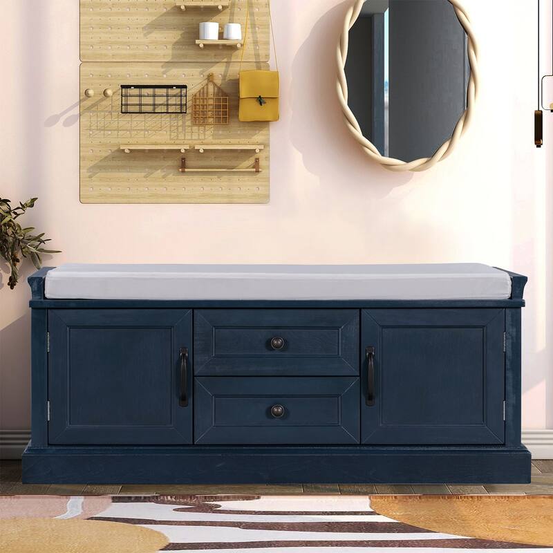 Vintage Chic Wooden Storage Bench with Removable Foam-Filled Velvet Seat Cushion - Antique Navy