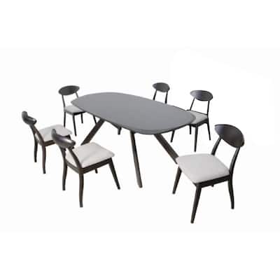 Ziva 7pc Dining Table Set, 6 Fabric Chairs, 3D Cut Edges, Black Wood