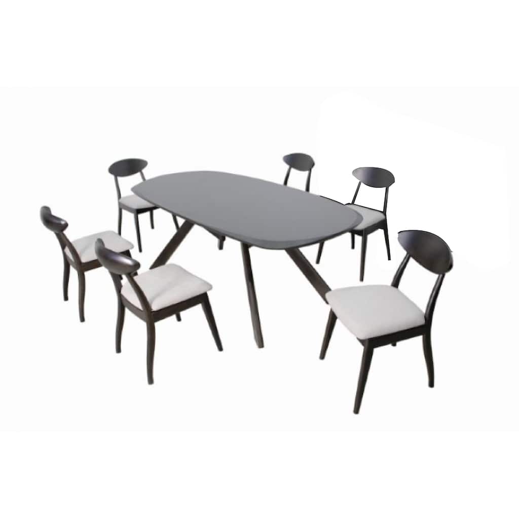 Ziva 7pc Dining Table Set, 6 Fabric Chairs, 3D Cut Edges, Black Wood