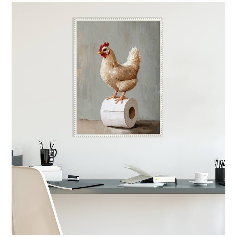 Kate and Laurel Sylvie Chicken Standing with Toilet Paper Rolls Bathroom Art Framed Canvas by The Creative Bunch Studio
