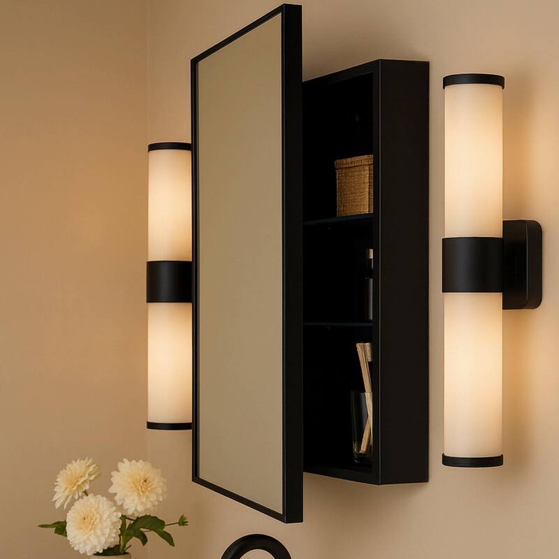 TEHOME Velin Recessed and Surface Mount Bathroom Medicine Cabinet with Mirror Square Cornered Metal Framed Rounded Rectangle - 24" x 30" - Black