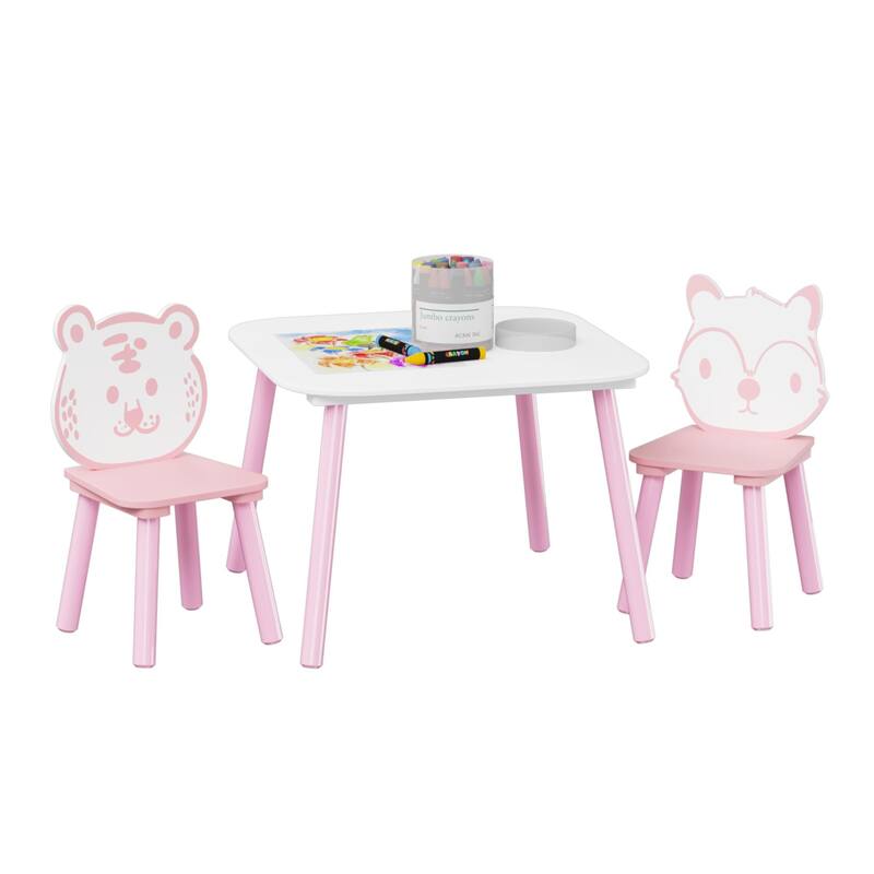 Anmytek Toddler 3-Piece Wooden Table and Chair Set Kids Activity Desk with Animal Backrest for Playroom Nursery