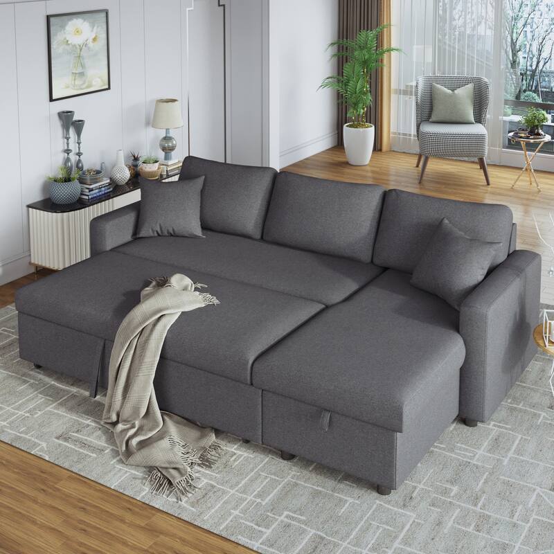 LShape Upholstery Sleeper Sectional Sofa, Classic Fabric Tufting