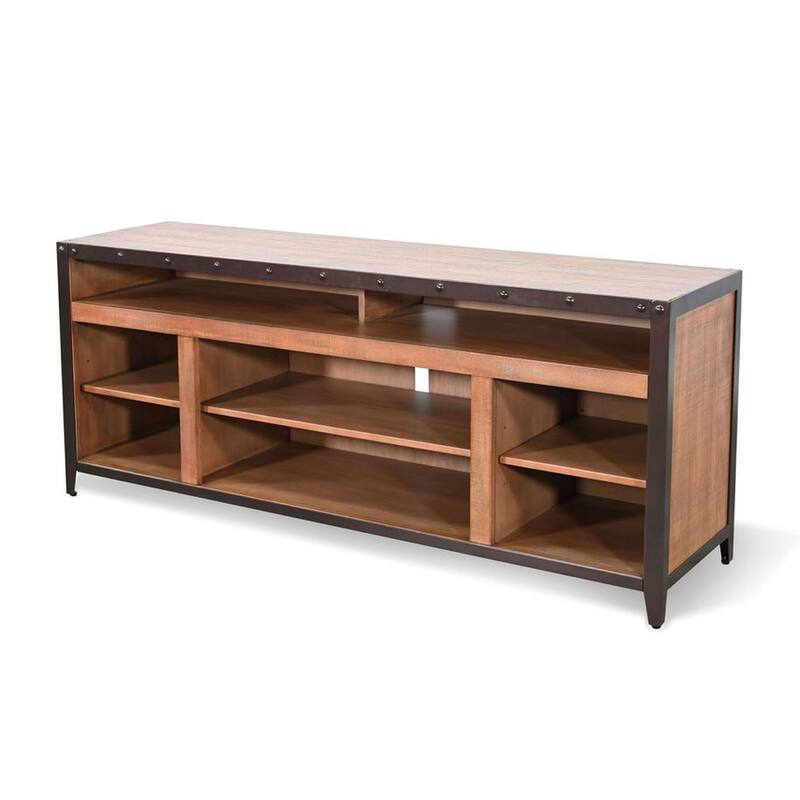 Indir TV Stand Media Cabinet, Open Shelves, Metal, Brown Wood, 66 Inch
