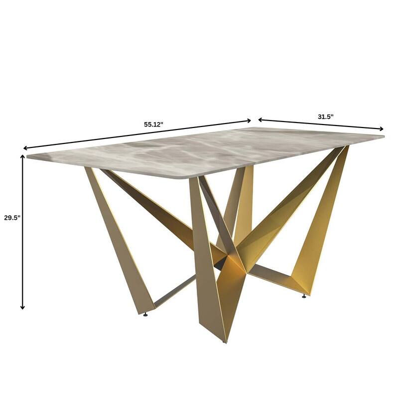 Nuvor Rectangular Sintered Stone or Glass Tabletop Dining Table with Powder-Coated Gold Steel Base for Kitchens & Dining Rooms